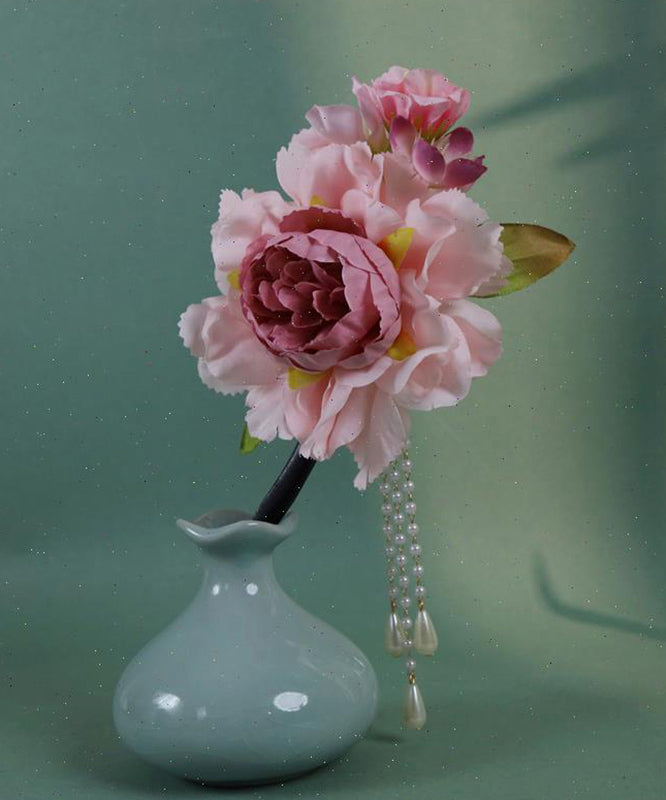 Chinese Style Pink Wooden Peony Pearl Tassel Hairpin