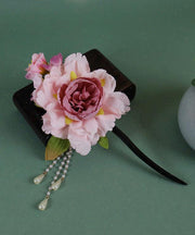 Chinese Style Pink Wooden Peony Pearl Tassel Hairpin