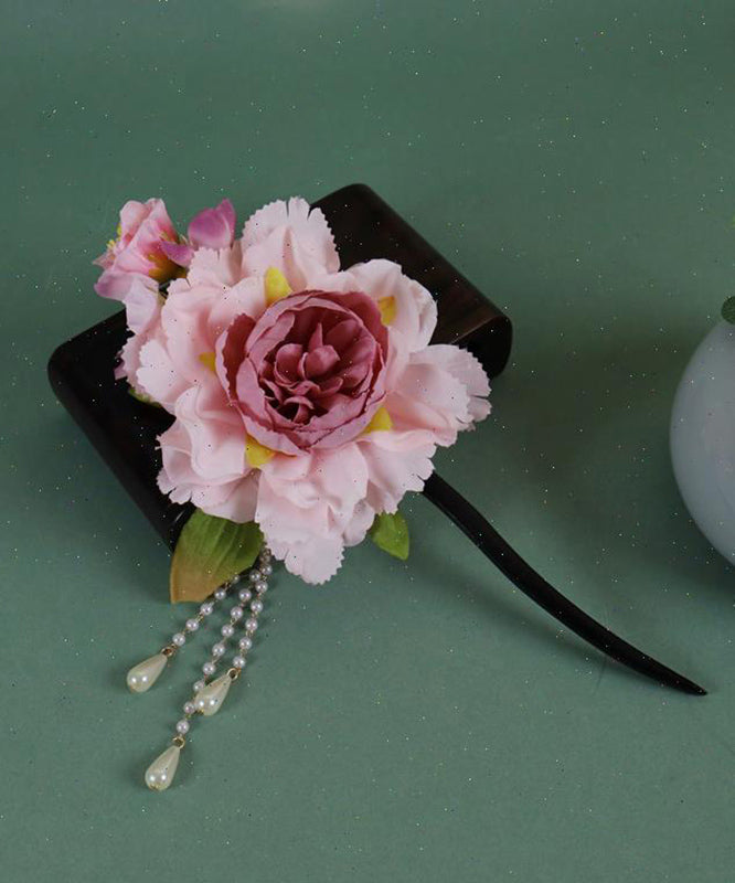 Chinese Style Pink Wooden Peony Pearl Tassel Hairpin