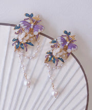 Chinese Style Purple Alloy Pearl Cloisonne Enamel Tassel A Pair Hairpin