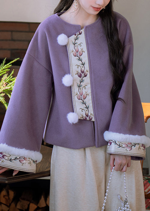 Chinese Style Purple Fur Collar Fuzzy Ball Patchwork Cotton Filled Parka Winter
