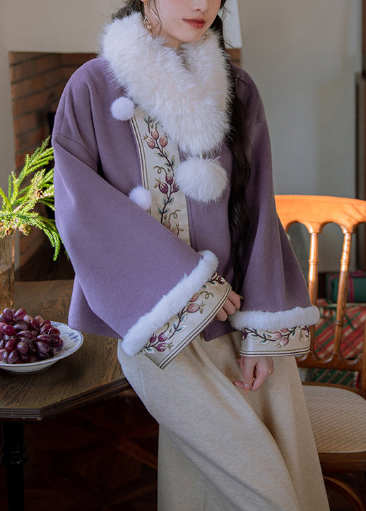 Chinese Style Purple Fur Collar Fuzzy Ball Patchwork Cotton Filled Parka Winter