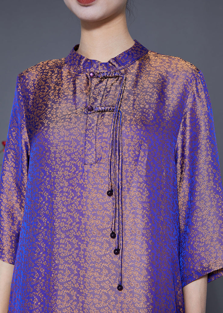Chinese Style Purple Mandarin Collar Gradient Color Tassel Silk Long Dress Summer