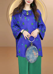 Chinese Style Purple O Neck Jacquard Silk Shirt Top Fall