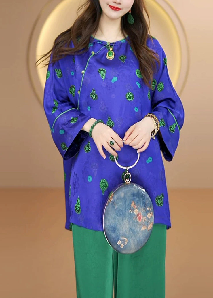 Chinese Style Purple O Neck Jacquard Silk Shirt Top Fall