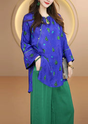 Chinese Style Purple O Neck Jacquard Silk Shirt Top Fall