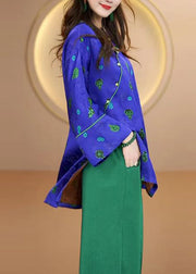 Chinese Style Purple O Neck Jacquard Silk Shirt Top Fall