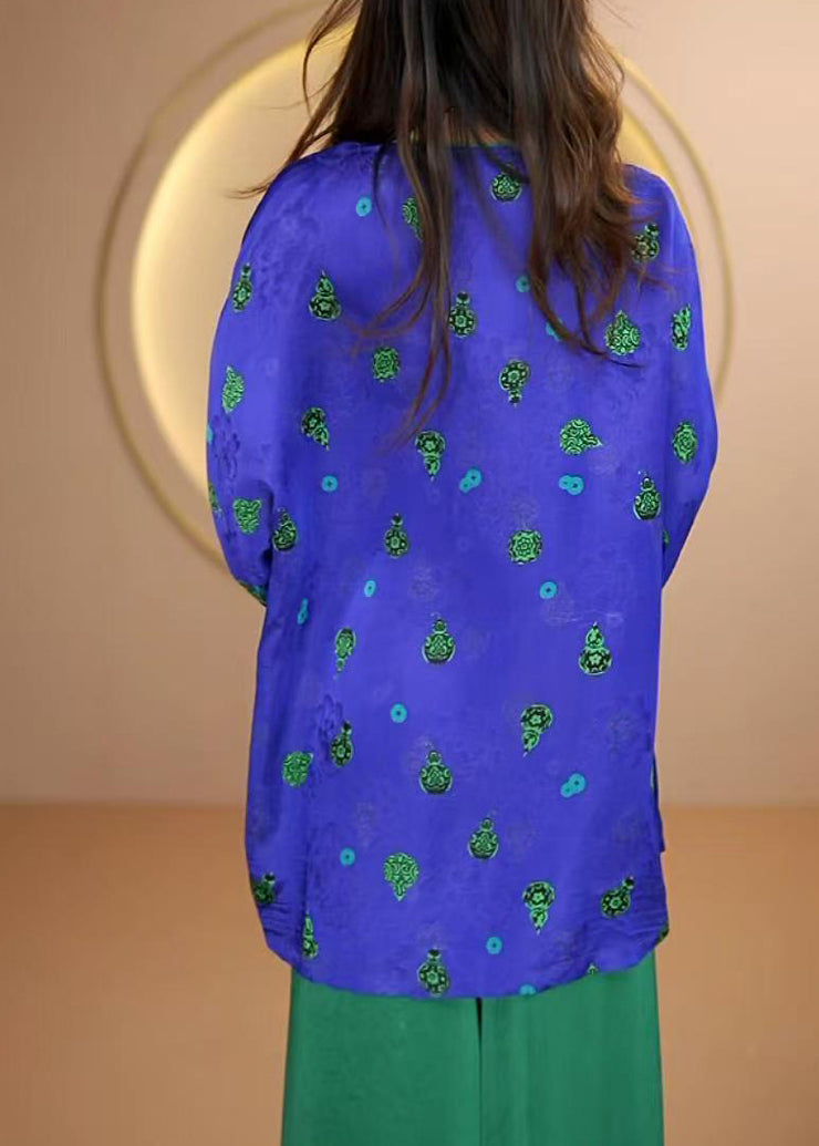 Chinese Style Purple O Neck Jacquard Silk Shirt Top Fall
