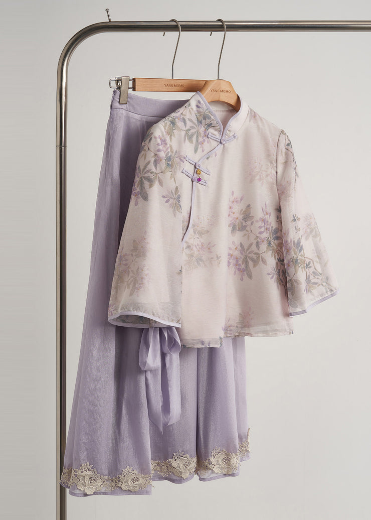 Chinese Style Purple Print Silk Oriental 2 Piece Outfit Fall