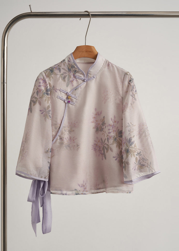 Chinese Style Purple Print Silk Oriental 2 Piece Outfit Fall