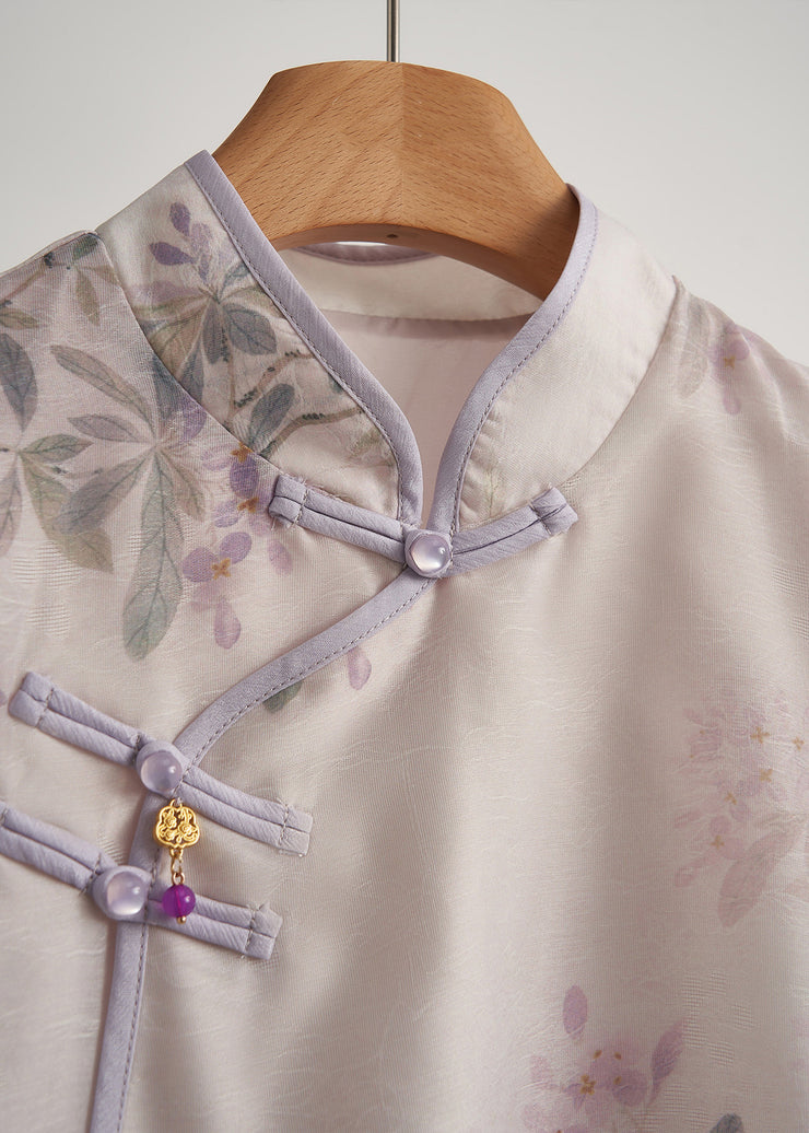 Chinese Style Purple Print Silk Oriental 2 Piece Outfit Fall