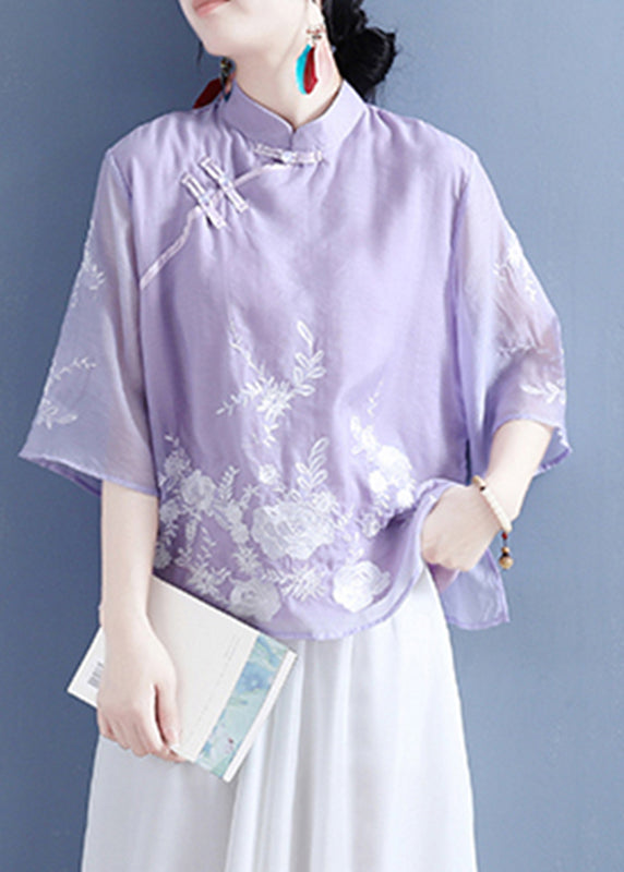 Chinese Style Purple Stand Collar Embroideried Button Silk Linen Shirt Bracelet Sleeve