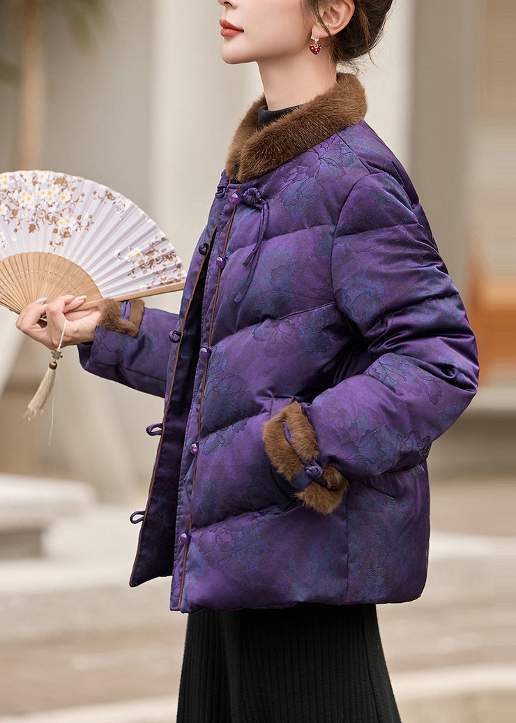 Chinese Style Purple Stand Collar Patchwork Duck Down Down Coats Winter