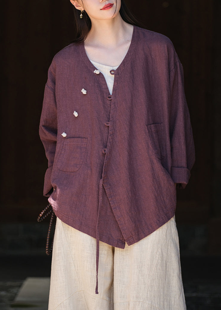 Chinese Style Purple V Neck Lace Up Pockets Cotton Blouses Fall