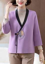 Chinese Style Purple V Neck Patchwork Knit Cardigans Fall