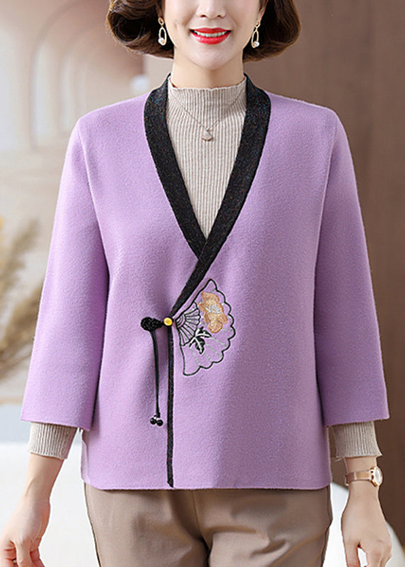 Chinese Style Purple V Neck Patchwork Knit Cardigans Fall