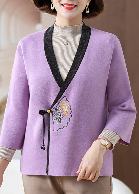 Chinese Style Purple V Neck Patchwork Knit Cardigans Fall