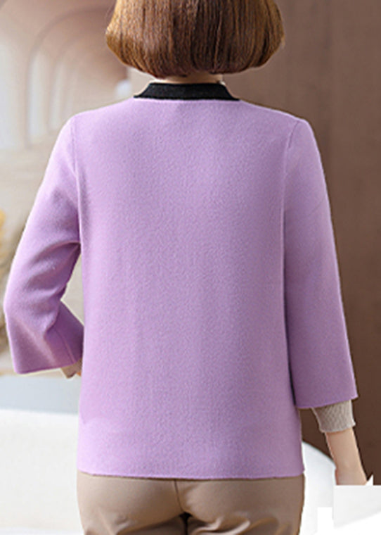 Chinese Style Purple V Neck Patchwork Knit Cardigans Fall