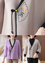 Chinese Style Purple V Neck Patchwork Knit Cardigans Fall