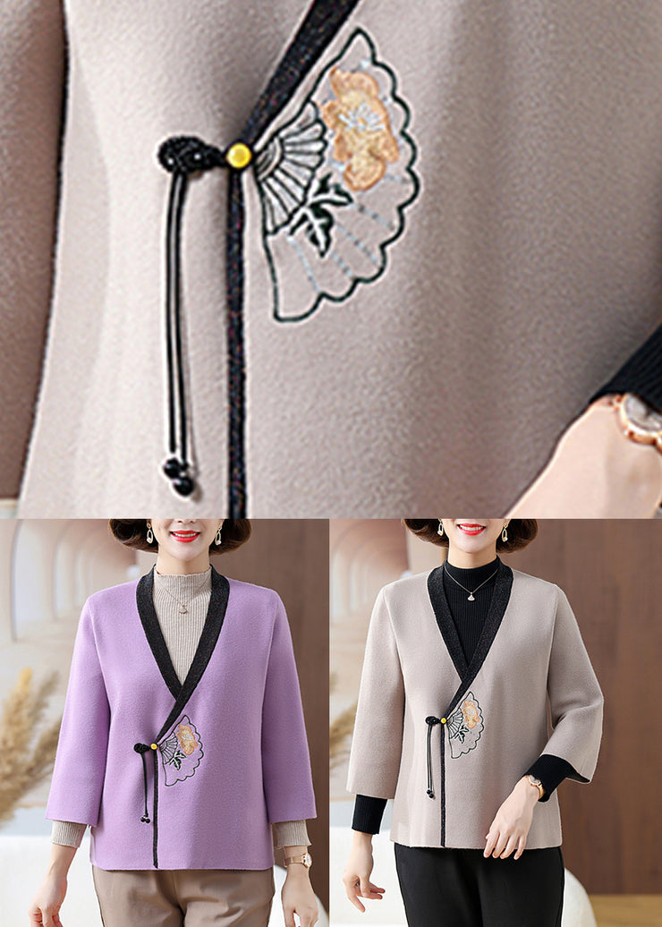 Chinese Style Purple V Neck Patchwork Knit Cardigans Fall