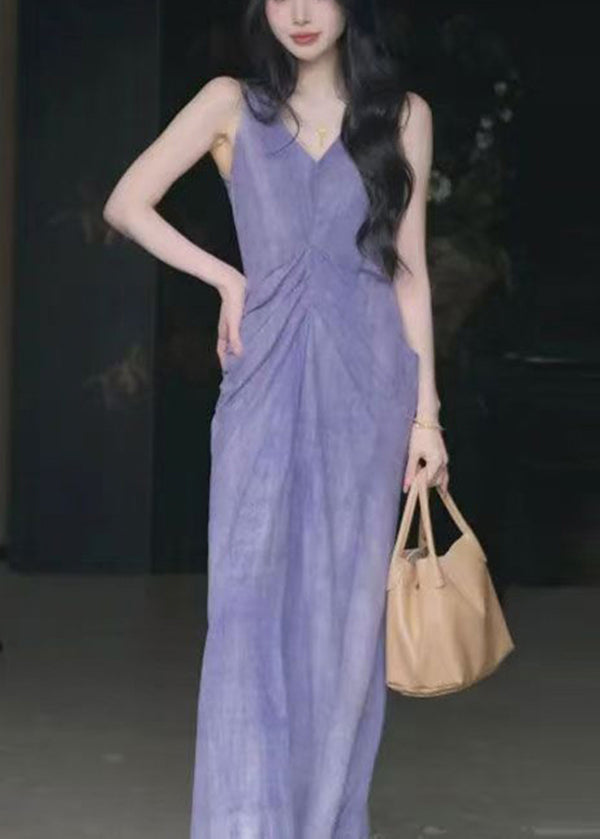 Chinese Style Purple V Neck Wrinkled Linen Long Dress Sleeveless