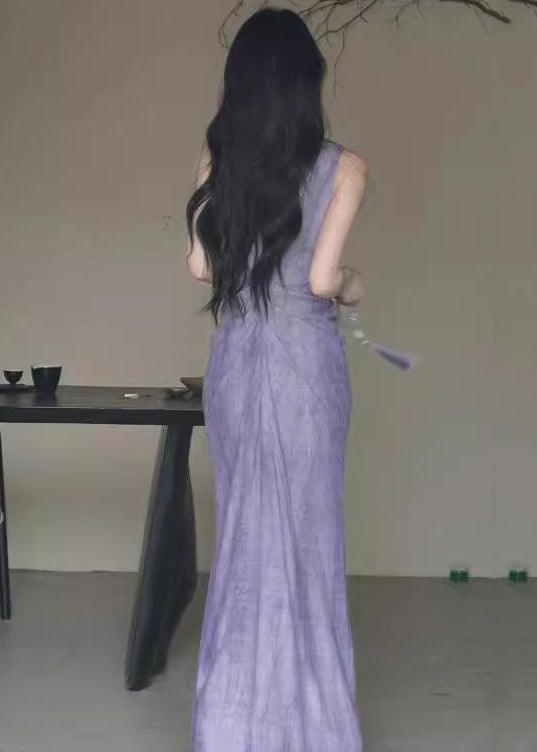 Chinese Style Purple V Neck Wrinkled Linen Long Dress Sleeveless