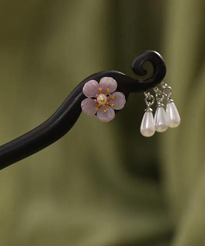 Chinese Style Purple Wooden Pearl Floral Tassel Hairpin