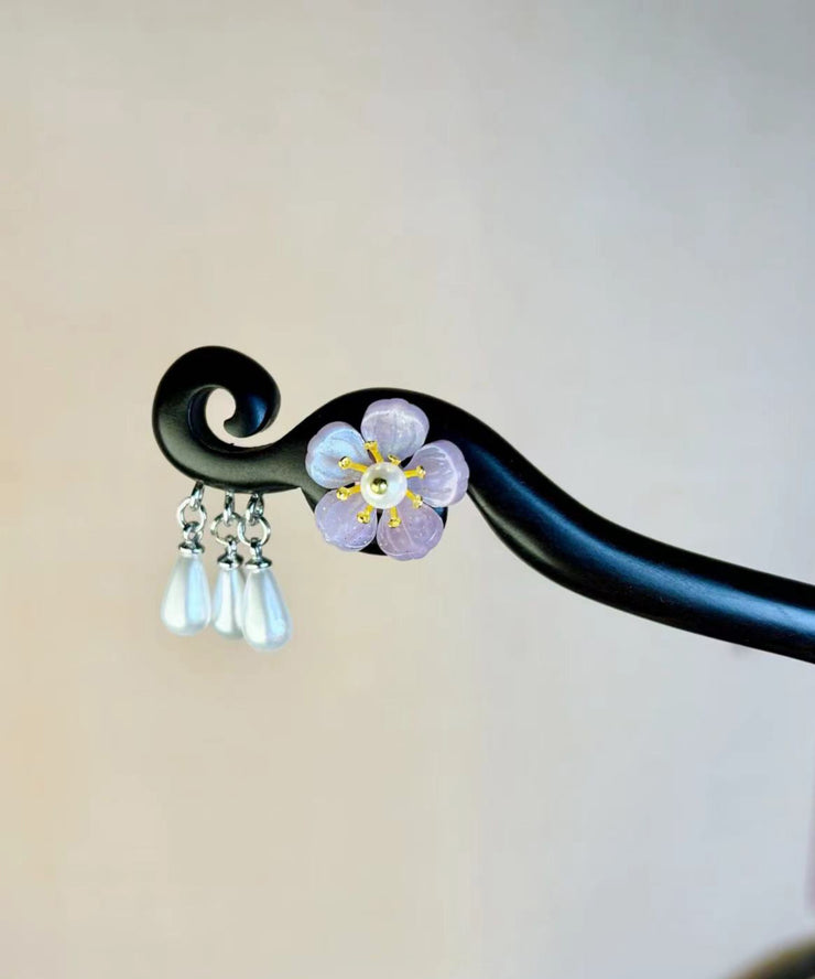Chinese Style Purple Wooden Pearl Floral Tassel Hairpin