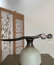 Chinese Style Purple Wooden Pearl Floral Tassel Hairpin