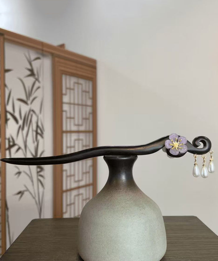 Chinese Style Purple Wooden Pearl Floral Tassel Hairpin