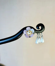 Chinese Style Purple Wooden Pearl Floral Tassel Hairpin