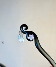 Chinese Style Purple Wooden Pearl Floral Tassel Hairpin