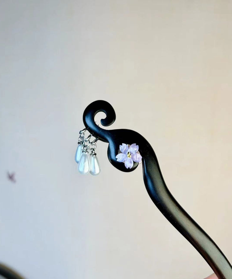 Chinese Style Purple Wooden Pearl Floral Tassel Hairpin