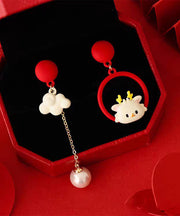 Chinese Style Red Alloy Asymmetrical Auspicious Clouds Tassel Drop Earrings