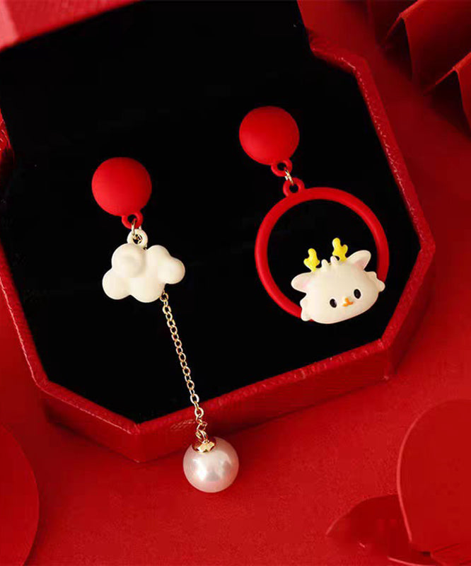 Chinese Style Red Alloy Asymmetrical Auspicious Clouds Tassel Drop Earrings