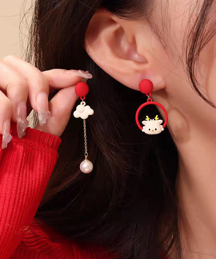 Chinese Style Red Alloy Asymmetrical Auspicious Clouds Tassel Drop Earrings