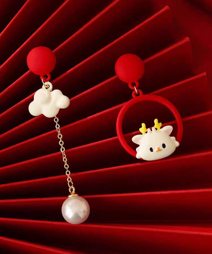 Chinese Style Red Alloy Asymmetrical Auspicious Clouds Tassel Drop Earrings