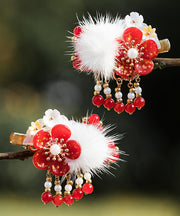 Chinese Style Red Alloy Pearl Plum Blossom Mink Velvet Tassel Kids Hairpin