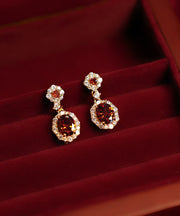 Chinese Style Red Copper Overgild Zircon Gem Stone Drop Earrings