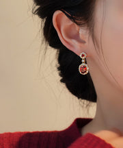 Chinese Style Red Copper Overgild Zircon Gem Stone Drop Earrings