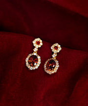 Chinese Style Red Copper Overgild Zircon Gem Stone Drop Earrings