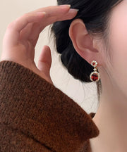 Chinese Style Red Copper Overgild Zircon Gem Stone Drop Earrings