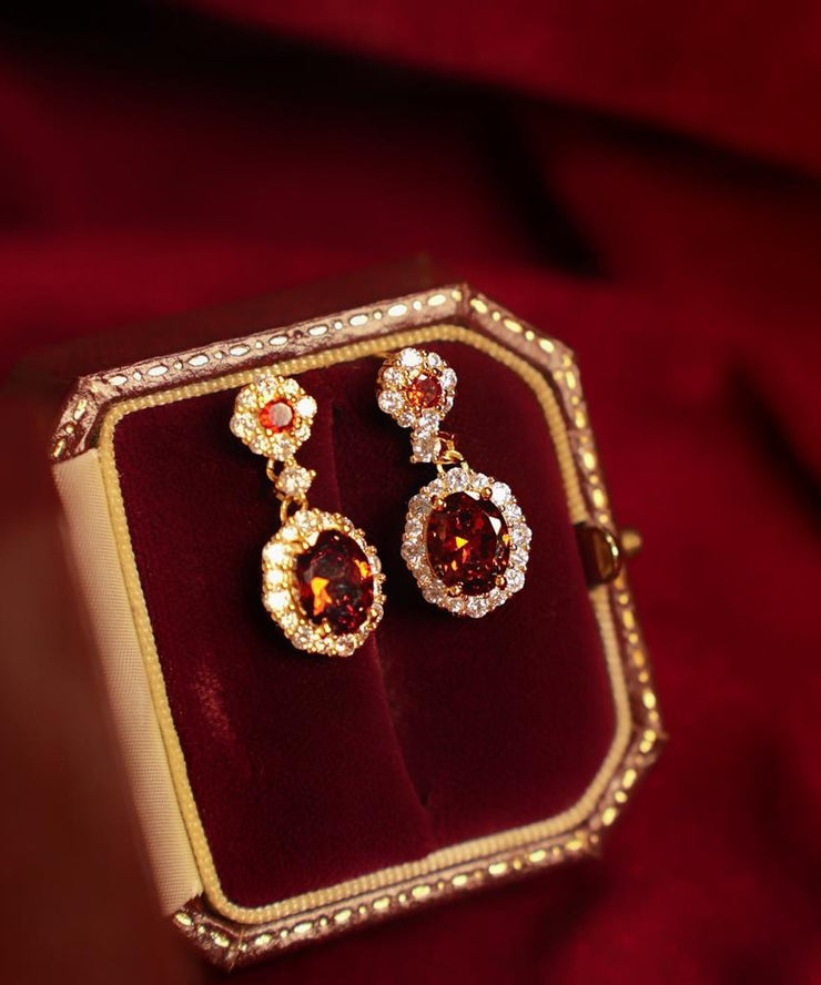 Chinese Style Red Copper Overgild Zircon Gem Stone Drop Earrings