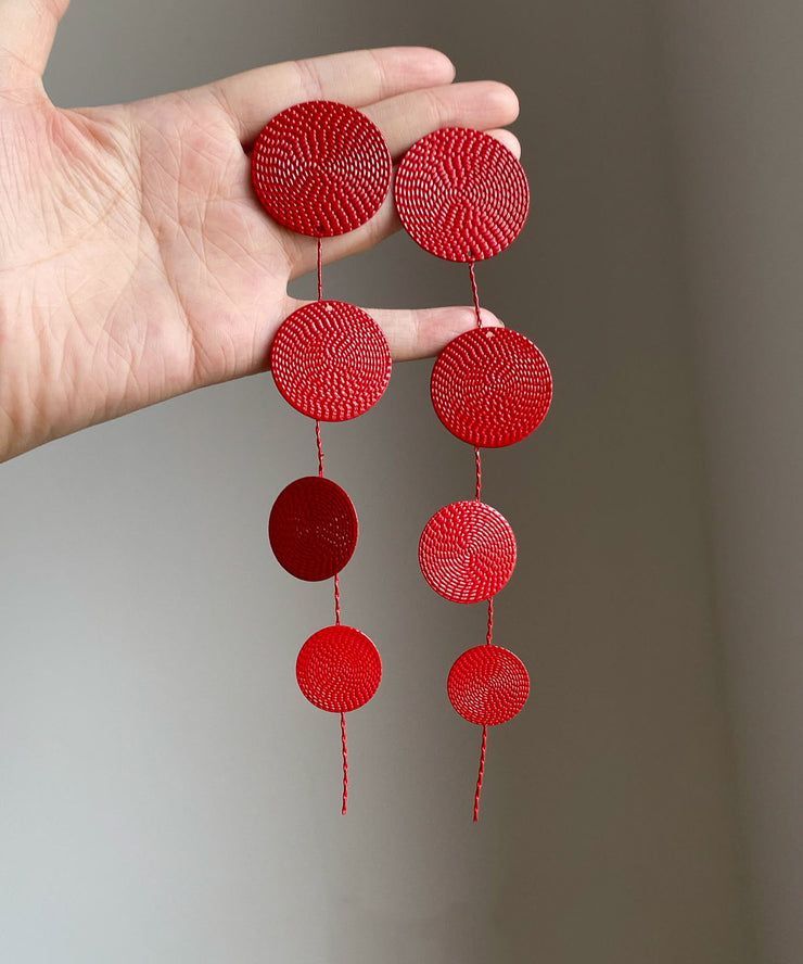 Chinese Style Red Metal Sequins Tassel Drop Earrings