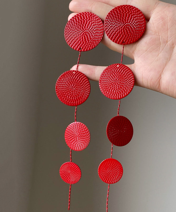 Chinese Style Red Metal Sequins Tassel Drop Earrings