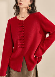 Chinese Style Red O-Neck Button Cozy Cotton Knit Cardigans Fall