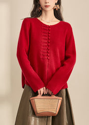 Chinese Style Red O-Neck Button Cozy Cotton Knit Cardigans Fall