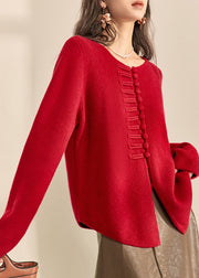 Chinese Style Red O-Neck Button Cozy Cotton Knit Cardigans Fall