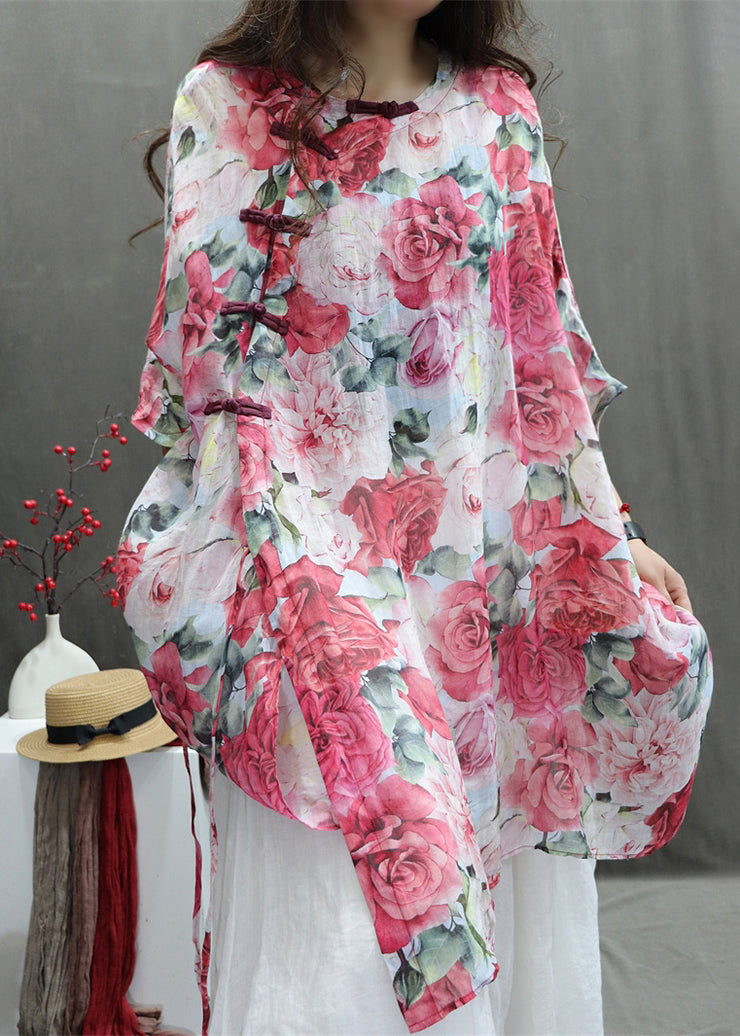Chinese Style Red Roses Print Cotton Shirts Half Sleeve