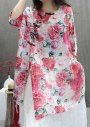 Chinese Style Red Roses Print Cotton Shirts Half Sleeve